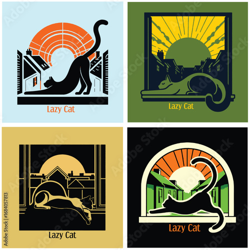 A cat illustration stretches lazily on a windowsill art design