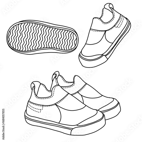 Three different views of baby slip-on shoes. The shoes are depicted in a simple, line drawing style. The views show the sole, the side, and the top of the shoes. 