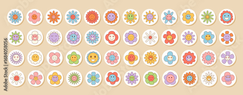 Retro groovy flower sticker badge set with round cartoon smiley faces. Cute colorful circle elements suit package lid and add y2k charm. Fun badge icons enhance playful package or lid design.