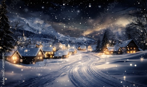 Snow falling on cozy illuminated wooden cabins in a mountain village during christmas time, creating a magical atmosphere