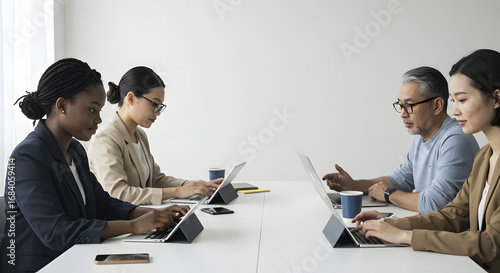Intercultural cooperation meeting: diverse business team with positive mood collaborating on global project in modern conference room. The background flat white. Copy space for text, editorial content