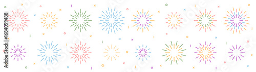 Chalk firework pattern with sparkle element and circle burst in festive style set. Set of starburst with confetti accent celebration on a white background, ideal as party decor or wallpaper.