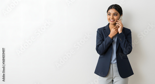 Focused young candidate with serious mood talking on phone before interview. The background flat white. Copy space for text, editorial content