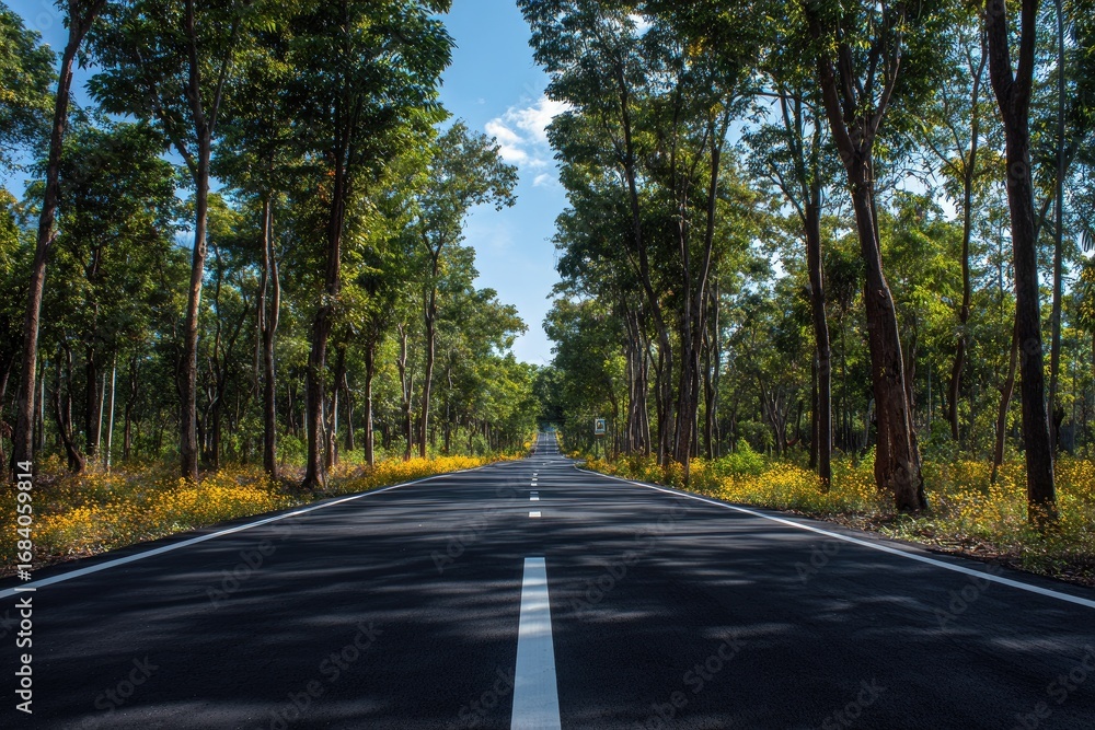 Fototapeta premium Straight asphalt road through a lush forest. Sunlight filters through the trees