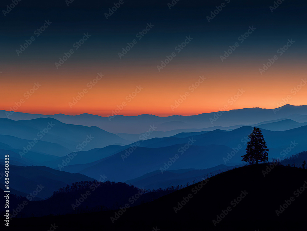 Fototapeta premium Sunset landscape with mountain range, lone tree, vibrant sky gradient orange, pink, blue, green and brown hills, long shadows, silhouette, elevated perspective - AI-Generated