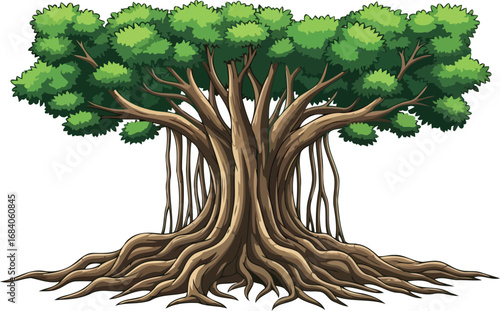 majestic banyan tree illustration lush green canopy, massive roots, detailed nature drawing