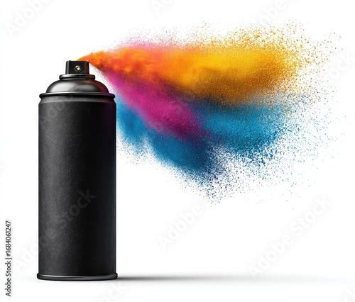 Black spray can erupting in a colorful powder explosion on a white background
