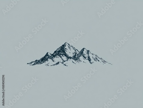 A minimalist sketch of a mountain range against a muted grey backdrop, showcasing a serene and simple aesthetic.  The dark teal ink drawing features fine lines and subtle shading