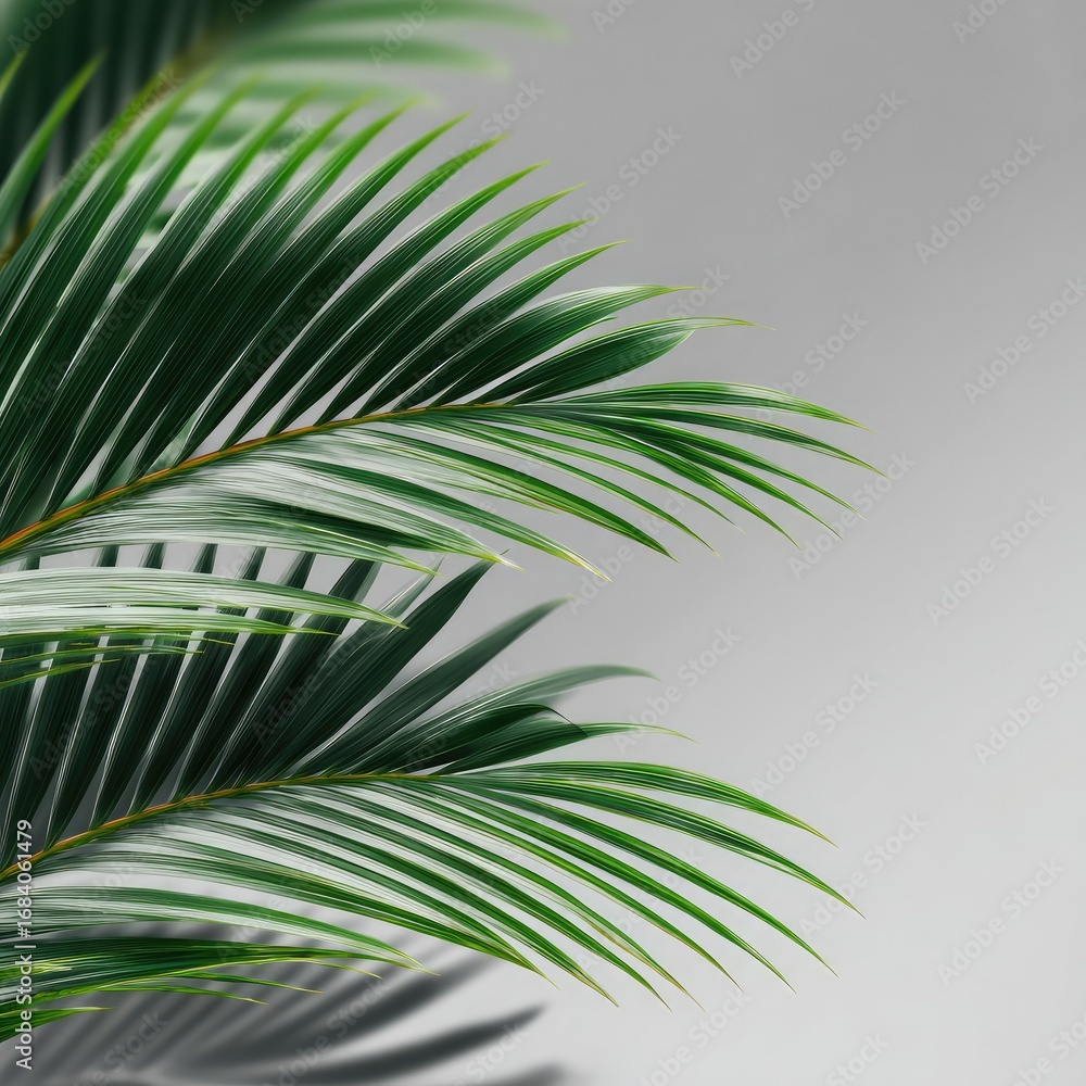 Fototapeta premium Close-up of lush palm fronds against a muted gray backdrop