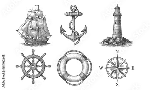 Nautical collection with vintage sailboat, anchor, and lighthouse in detailed sketch style