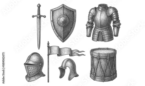 Medieval armor and weapons set with sword, shield, and helmet in vintage style