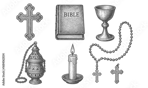 Retro christian symbols: cross, bible, chalice, candle, rosary, incense burner in vintage style