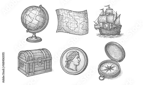 Vintage nautical exploration: globe, map, ship, chest, coin, and compass in sketch style