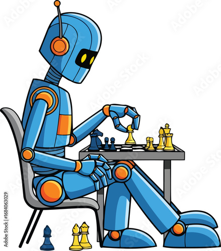 a blue robot strategically plays chess artificial intelligence and games