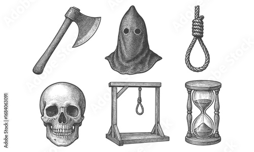 Vintage execution tools and symbols in detailed engraving style