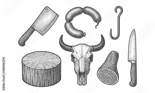 Vintage butcher tools and meat icons in hand-drawn style with skull and sausages