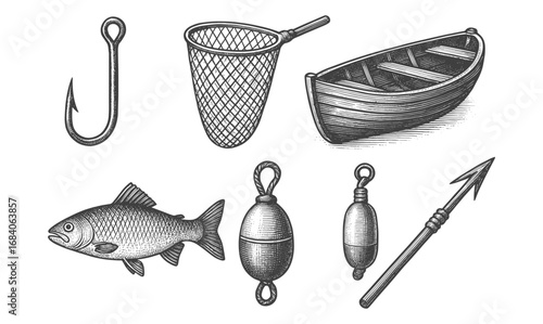 Vintage fishing gear sketch featuring boat, net, fish, and accessories