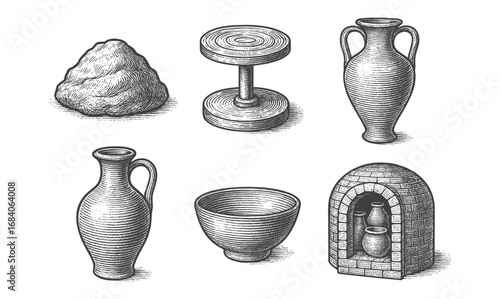 Detailed engraving style pottery and kiln elements for artistic design