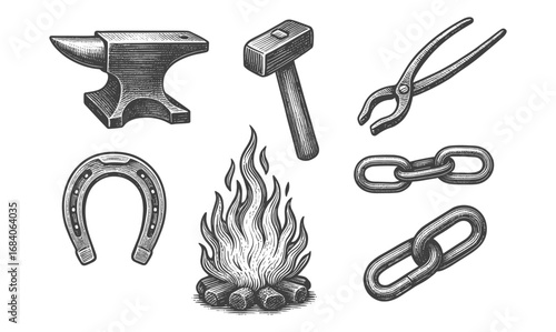 Vintage engraving of blacksmith tools with anvil, hammer, fire, and chains