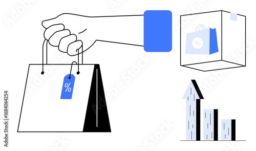 Hand holding shopping bag with discount tag, cube with product outline, and bar chart with upward arrow. Ideal for retail, e-commerce, sales, discounts, marketing, growth simple landing page