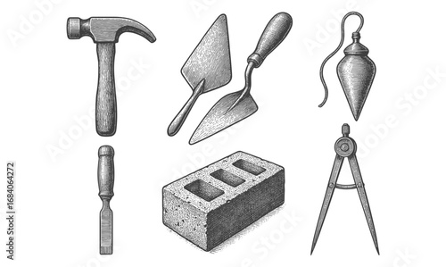 Vintage engraved construction tools set with brick and compass