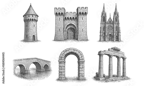 Detailed architectural sketches of historic structures and monuments