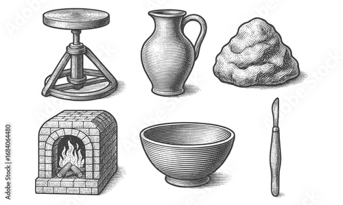 Vintage artisanal pottery tools: kiln, clay, and utensils in detailed engraving style