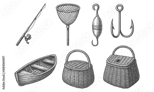 Vintage fishing gear collection with rod, net, hooks, and wicker baskets