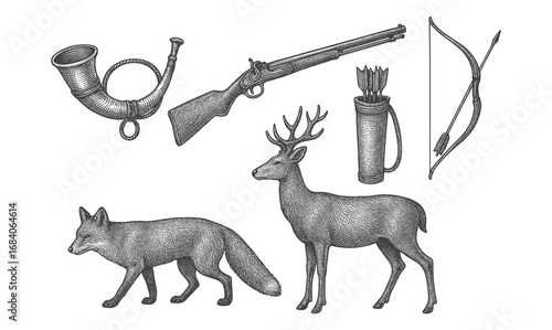 Vintage hunting elements: rifle, horn, bow, arrows, deer and fox