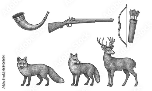 Vintage engraving of hunting gear and wildlife with gun, bow, and forest animals