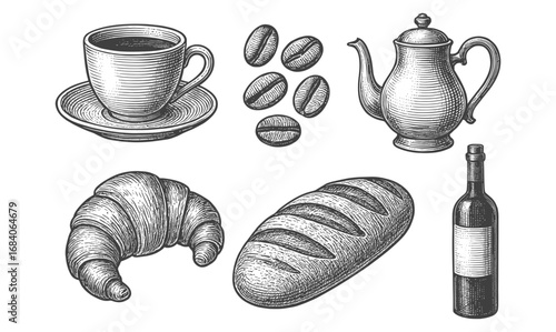 Hand drawn rustic coffee and pastry set with cup, teapot, and bread