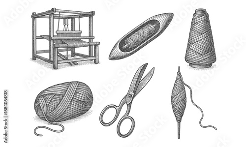Vintage handcrafted sewing tools and equipment in detailed sketch style