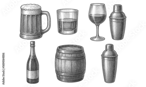 Vintage barware and drinks in engraved style