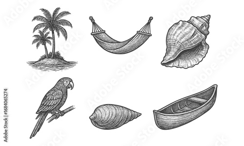 Tropical beach elements with palm trees, hammock, shells, parrot, and canoe in retro engraving style