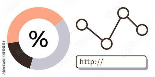 Circular chart with percentage sign, connected line graph, and URL bar. Ideal for analytics, web performance, statistics, business strategy, marketing insights, digital growth simple flat metaphor