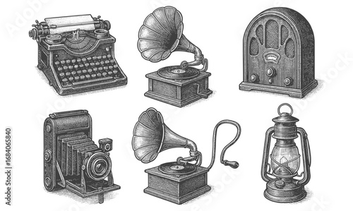 Vintage engraved retro devices collection: typewriter, gramophone, radio, camera, lantern