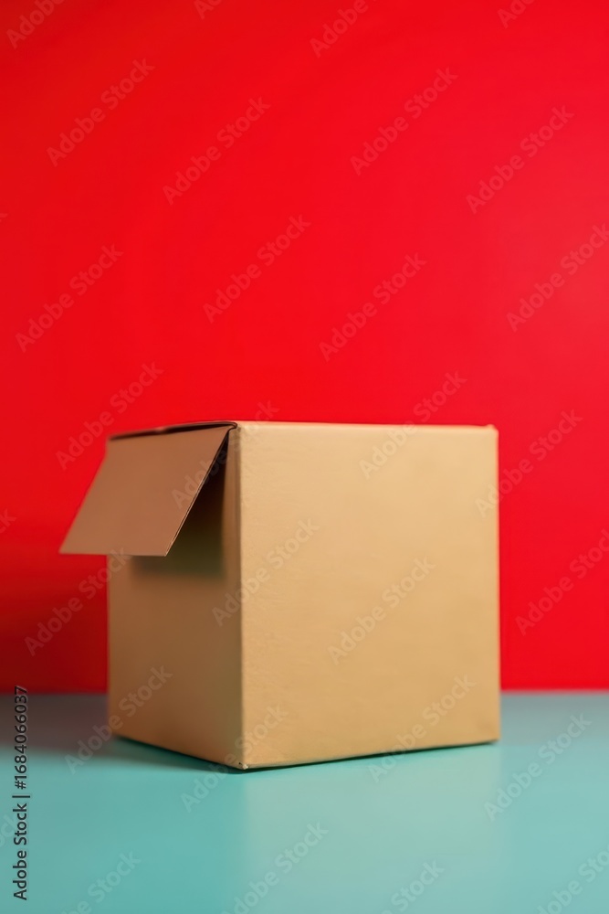 Obraz premium A plain brown cardboard box sits centered against a vibrant red backdrop , storage, surface, clean