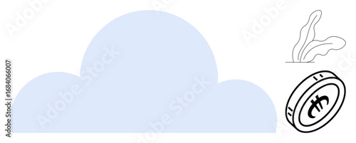 Blue cloud silhouette with digital coin and sprouting plant outlines. Ideal for technology, finance, innovation, investment, digital transformation, growth, and sustainability themes. Simple flat
