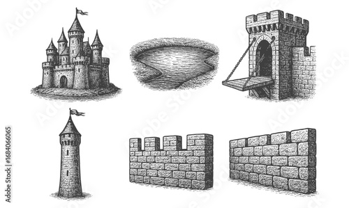 Medieval castle elements set with engraved towers, walls, and moat