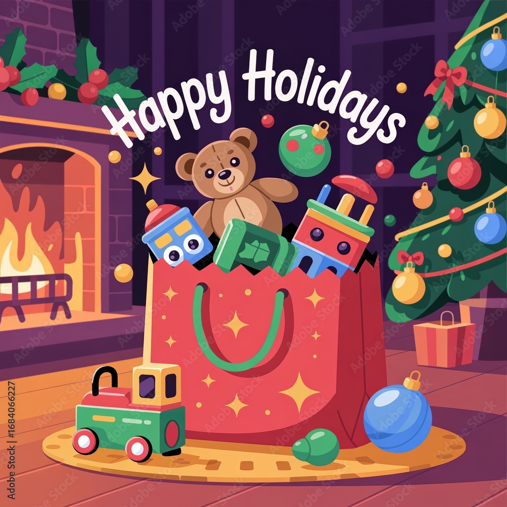 Naklejka premium Happy Holidays Christmas Gift Bag with Toys by Fireplace and Tree – Festive Holiday Vector Illustration for Seasonal Greetings, Cards, and Family Celebration