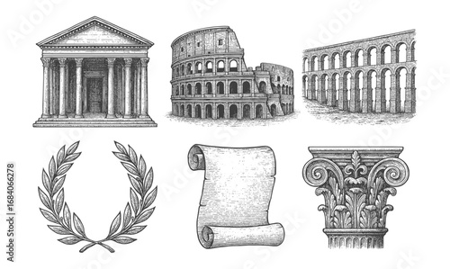 Detailed hand drawn ancient roman architecture symbols collection