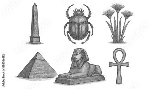Vintage egyptian symbols collection featuring sphinx, pyramid, scarab, and ankh in engraved style
