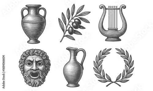 Classical greek artifacts: vases, olive branch, lyre, mask, and laurel emblems