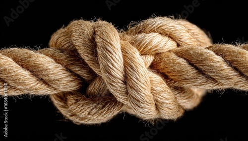 Close-up of a tightly bound knot in light brown rope against a black background