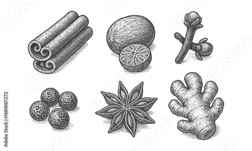 Hand drawn spices collection featuring cinnamon, clove, nutmeg, anise, and ginger in vintage style