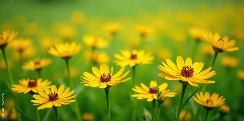 Obraz premium Field of golden daisies with brown centers against a lush green landscape, green, countryside, outdoors