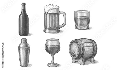Vintage engraving style beverage collection featuring wine, beer, whiskey, and cocktail elements