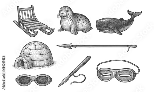 Vintage polar icons: seal, whale, sled, and igloo in hand-drawn style for arctic-themed designs