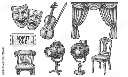 Vintage theater elements: masks, instruments, and decor in etched style