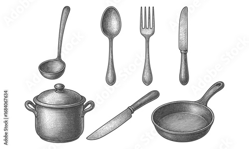 Vintage kitchenware collection featuring classic cutlery and cookware in engraved style